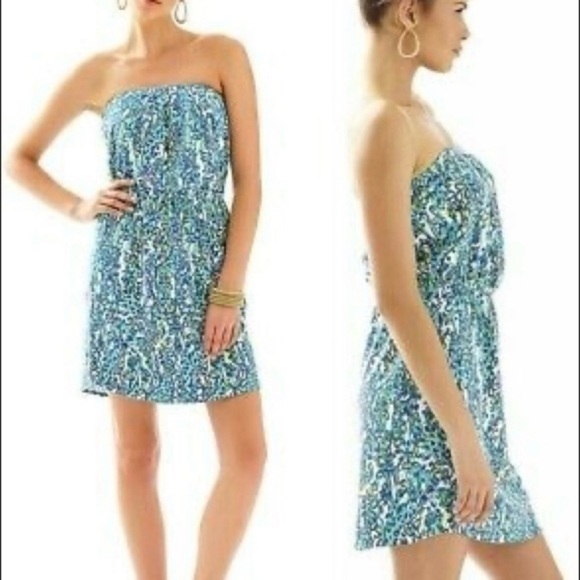 Lilly Pulitzer Windsor Strapless Dress Coverup Sea Blue Green It's‎ A Stretch XS - Picture 2 of 9